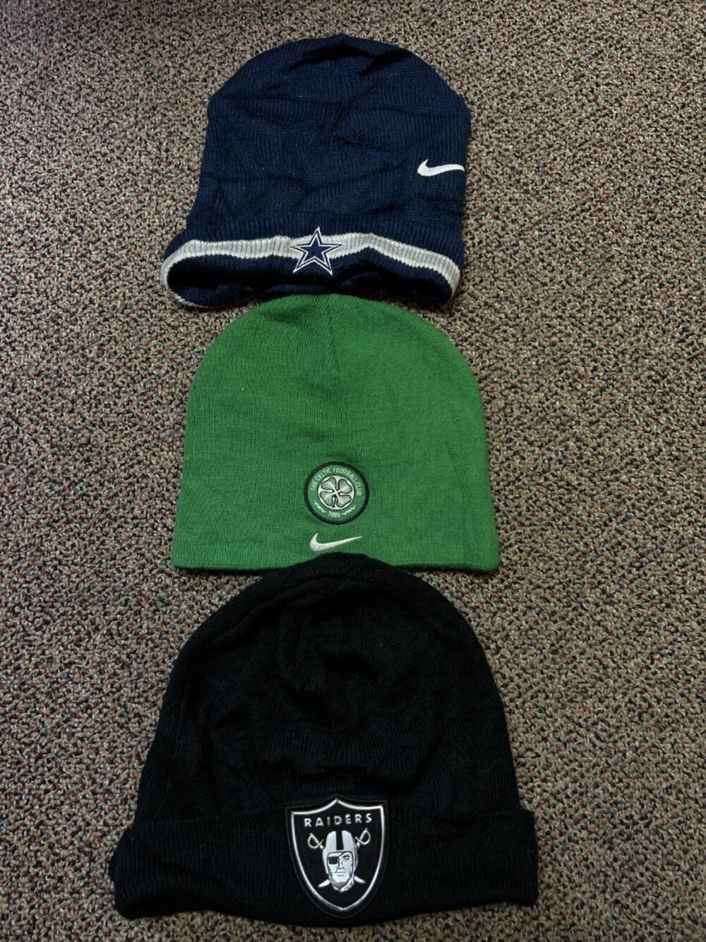 Lot Of 3 NFL Football Beanies Colts Raiders Green Blue Black Adult One Size Hat